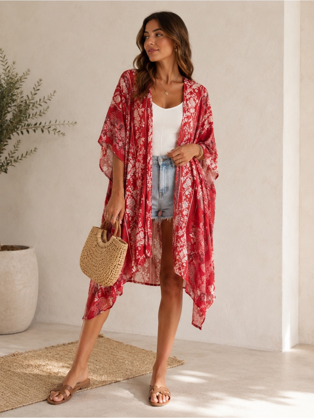 Angie Red and White Floral Lightweight Kimono